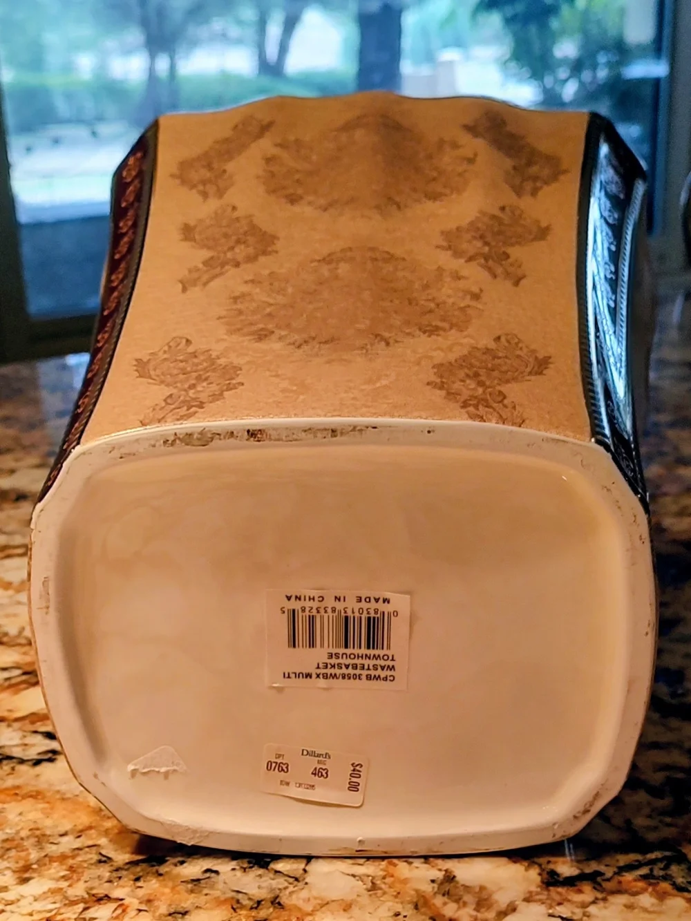 Croscill Brown, Cream and Gold Ceramic Wastebasket with Damask Trim